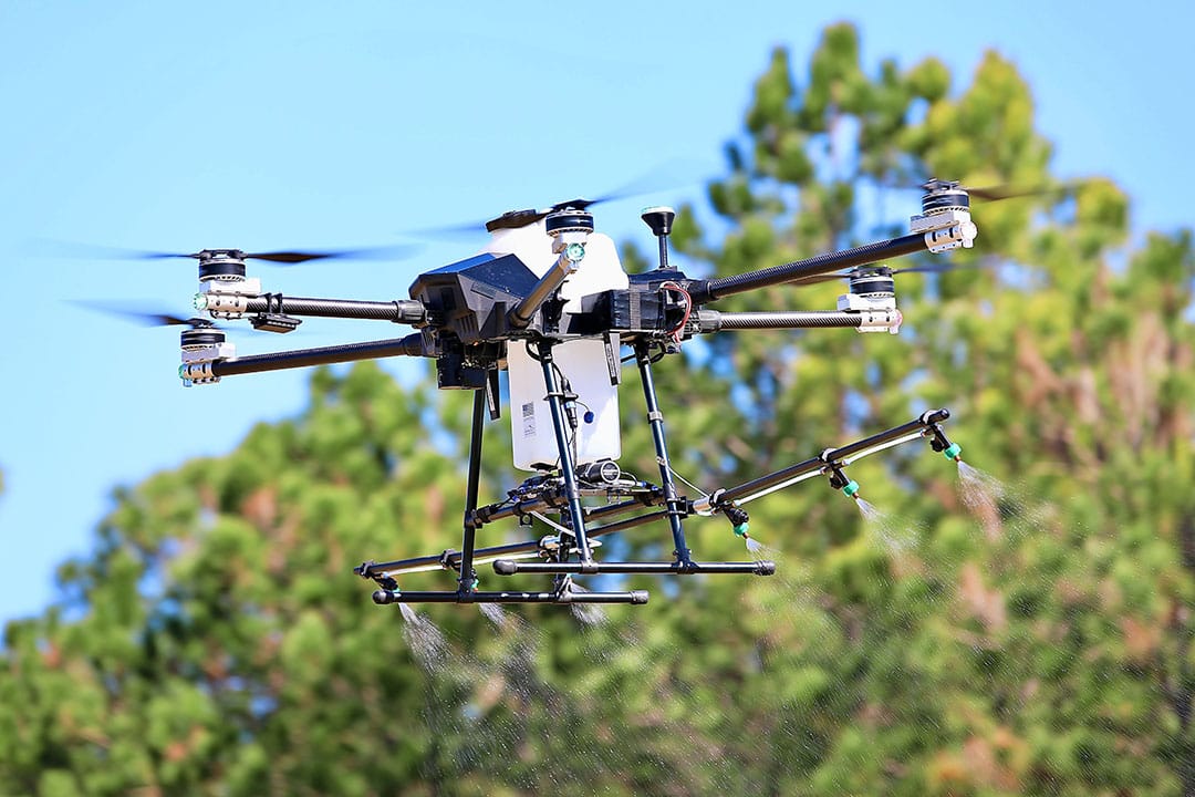 Leading Edge Aerial Technologies says the granular application system of the drone surpasses any system in terms of the area treated per unit of time. - Photo: Leading Edge Aerial Technologies