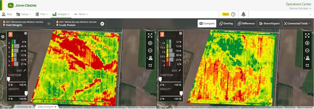 Yield and protein map (right) displayed in Operations Center. - Source: John Deere