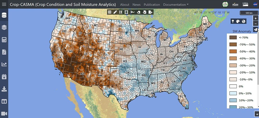 Crop-CASMA uses data from NASA missions to map soil moisture across the United States, providing private users with free access to high-resolution data that can help plan spring planting, track damage after natural disasters, monitor crop health and more.  - Photo: NASA Harvest