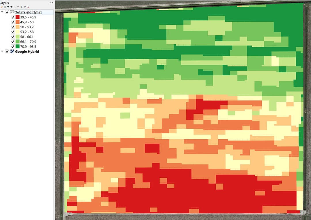 Figure 3 shows yield monitoring data from a harvested crop. As the harvested crop (often) is the main output of the agricultural operation, capturing as many parameters on the harvested crop as possible, besides yield, is an important step in data driven precision agriculture. This is possible for root crops too with tailored sensor systems and analysis software. - Source: Wageningen University & Research