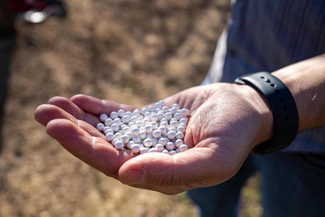 It shoots the mummies out of the trees with this type of biodegradable pellets. The Rover is available for almond orchards initially but InsightTRAC plans to shift to other nut crops next. - Photo: InsightTRAC