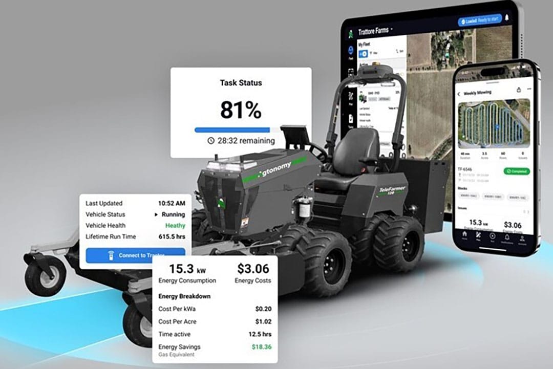 The total package contains the autonomous electric tractor, tele-guidance software and an app with which you can control the tractor.