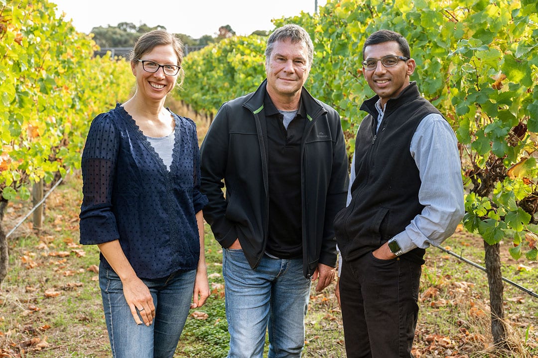 Founder and Director of Ag Research Dr Fran Doerflinger (left), CEO Jay Holata (centre), and Founder and Chief Scientific Officer Dr Vinay Pagay.