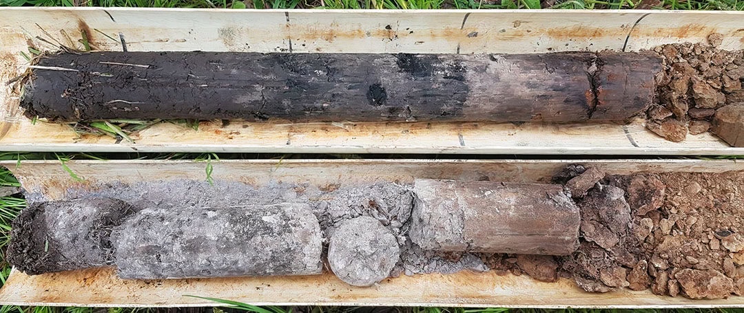 Photos of soil coring undertaken at the Hallora property of Niels Olsen, by Peter Ronalds. The top core is taken from a Soilkee area, the bottom core is taken from a nearby area that has never had a Soilkee treatment. Rain has only penetrated the top 30mm of the bottom core, whereas the rain has penetrated the whole core of the Soilkee sample. The Soilkee core is much darker. This indicates an increase in organic matter and should also indicate an increase in soil carbon levels in the Soilkee area. - Photo: Western Port Catchments Landcare Network