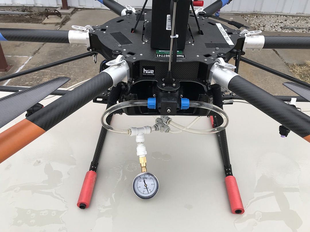 Currently few commercially produced spray drones have a gauge or any other way to monitor the pressure. - Photo: Dan Martin