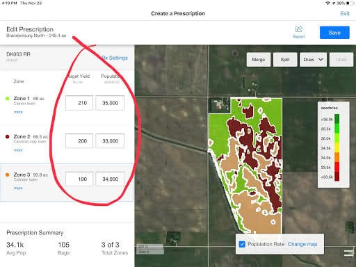 This FieldView screen shows a field map with management zones. Users simply enter a target yield and seed population for each zone and this script is automatically be sent to the FieldView Cab app for execution.