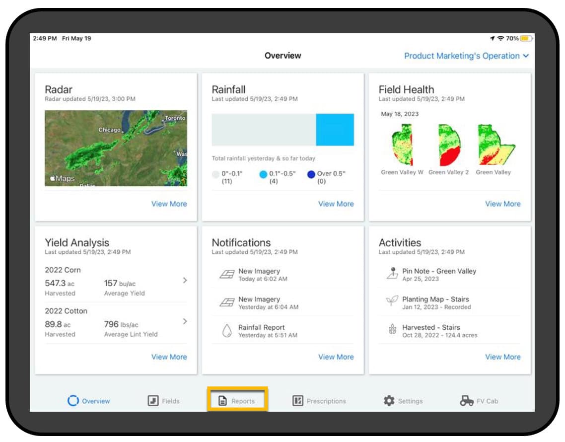 This FieldView screen is an overview of weather radar data, rainfall so far in the last 23 hours, field health imagery from satellite data, with projected yield analysis in the lower left corner from data integrated from this user’s past harvest data, past weather and hybrid data, as well as collective past yield data from many users who have similar growing conditions and have used the same hybrid.