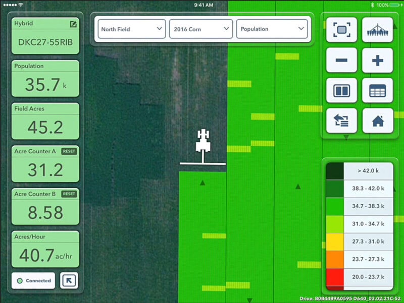 This FieldView screen show the tractor progress in a given field, tracking planting done so far. In a few areas (shown in lighter green/yellow), a slightly-lower seeding rate was recommended and subsequently planted automatically for the chosen hybrid, based on data possibly from soil testing, last year’s yields or other factors.