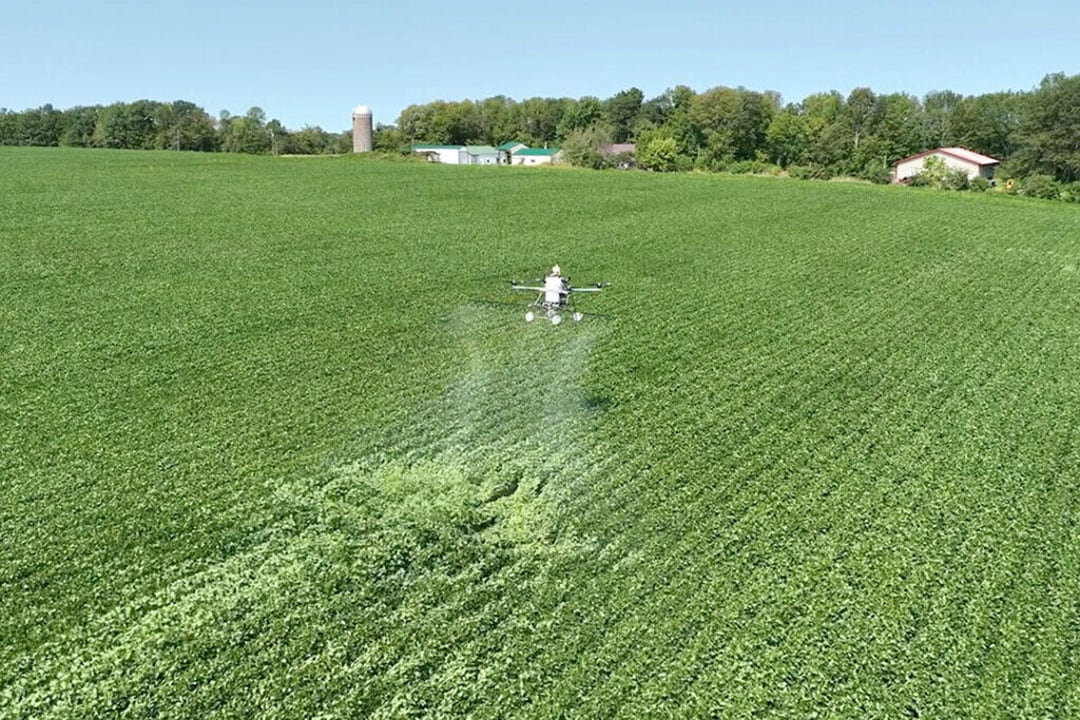 The Guardian SC1 is specialized for automated spraying and/or seeding, operated with pre-programmed flying patterns that align with GPS field maps. - Photo: Guardian