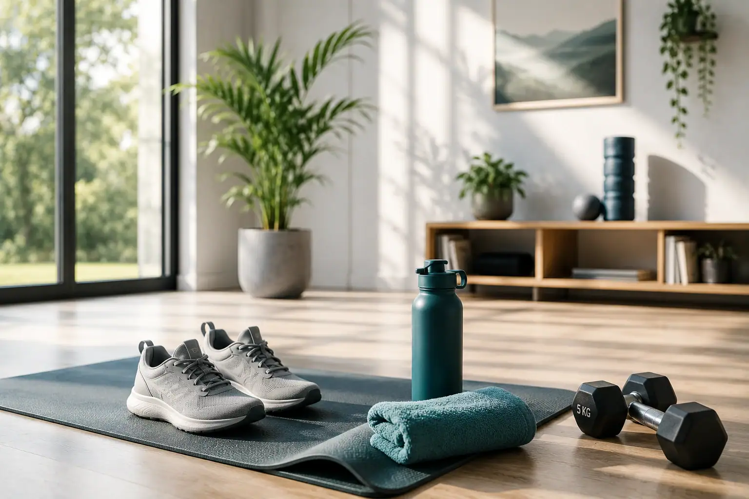 Heller Bewegungsbereich mit Trainingsmatte, Sportschuhen, Hanteln, Trinkflasche und weiteren alltagstauglichen Trainingsutensilien