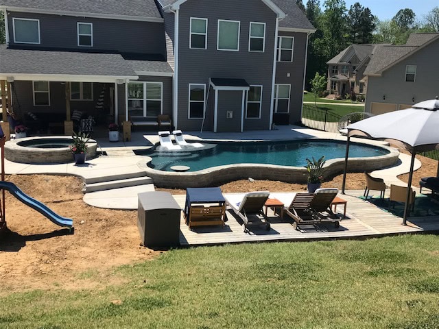 A backyard with a completed inground pool reinforced with helical piers, featuring a modern house and a poolside lounge area.