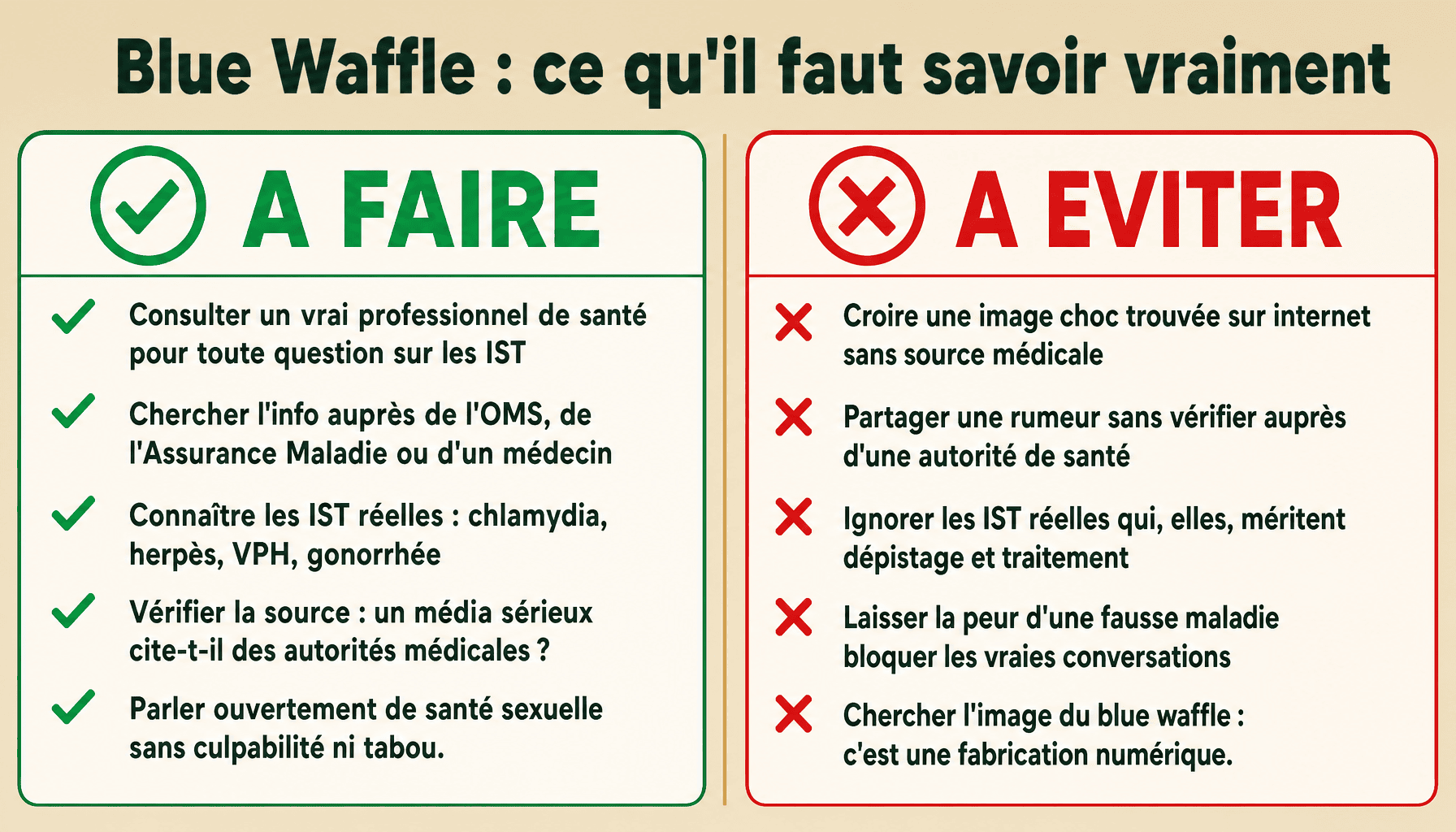 Infographie blue waffle : mythes et réalités sur cette IST fictive, conseils santé sexuelle