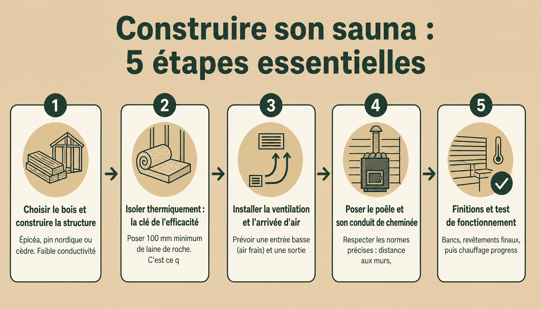 Guide des 5 étapes pour construire un sauna avec poêle à bois : structure, isolation, ventilation, installation du poêle, finitions