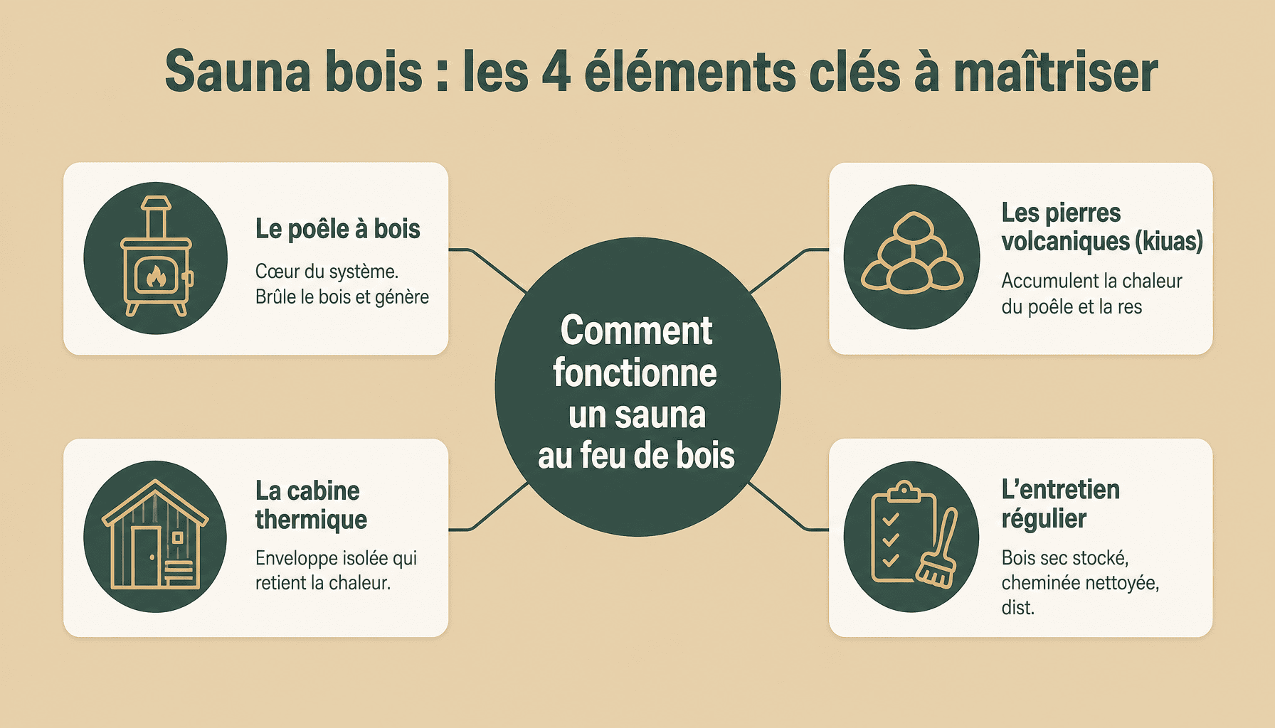 Infographie sauna au feu de bois : poêle, pierres, cabine, entretien