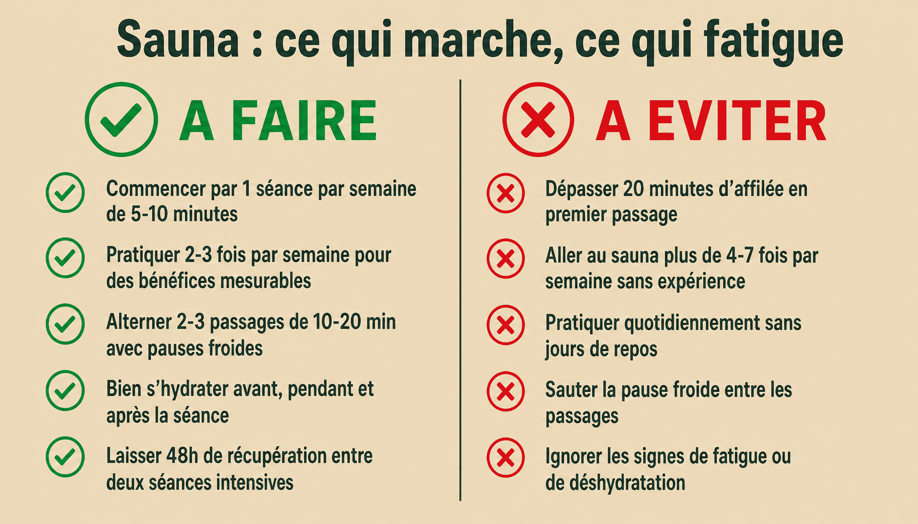 Infographie sauna combien de fois par semaine : bonnes pratiques et erreurs à éviter pour débuter
