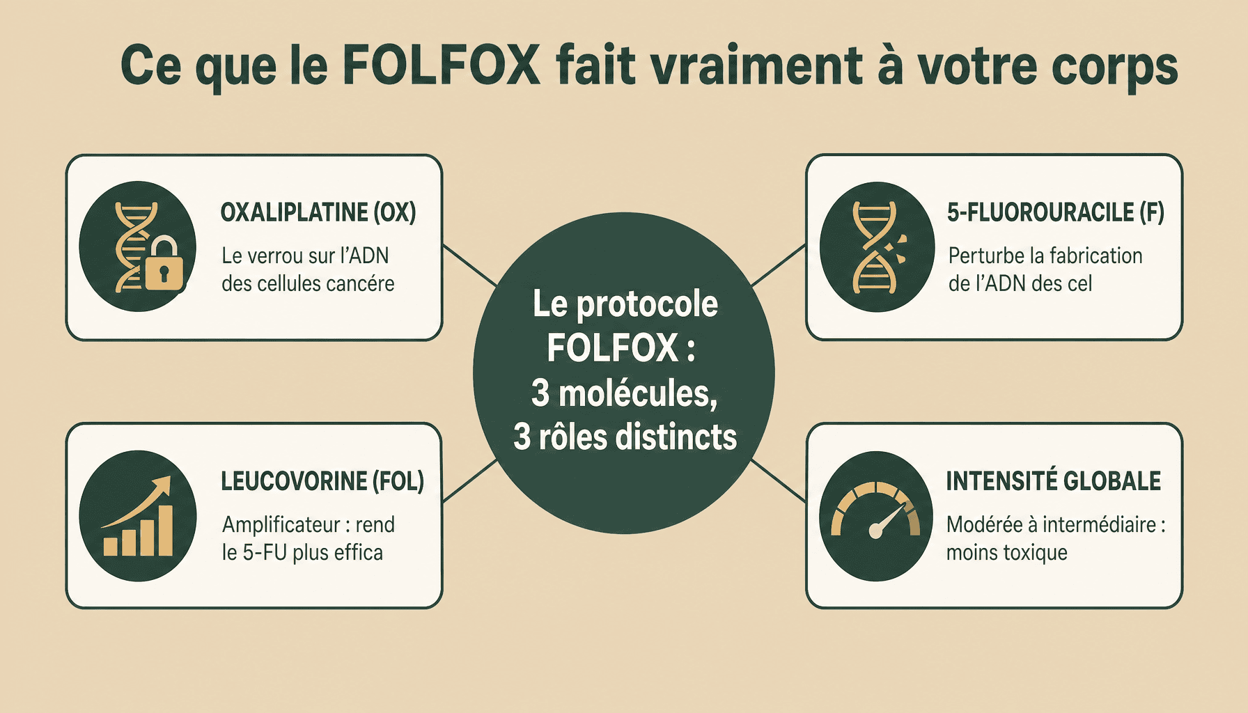 Infographie chimiothérapie FOLFOX est elle agressive : décomposition des 3 molécules et leurs effets