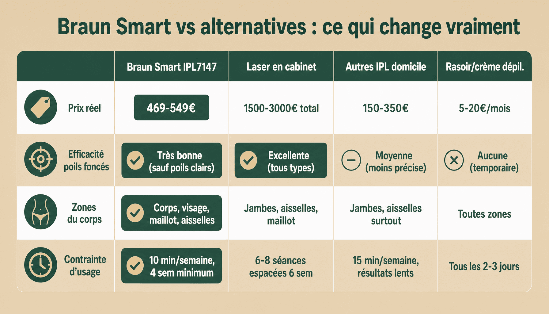 Comparaison braun smart epilateur avis avec laser cabine et autres IPL domicile : prix, efficacité, zones traitées