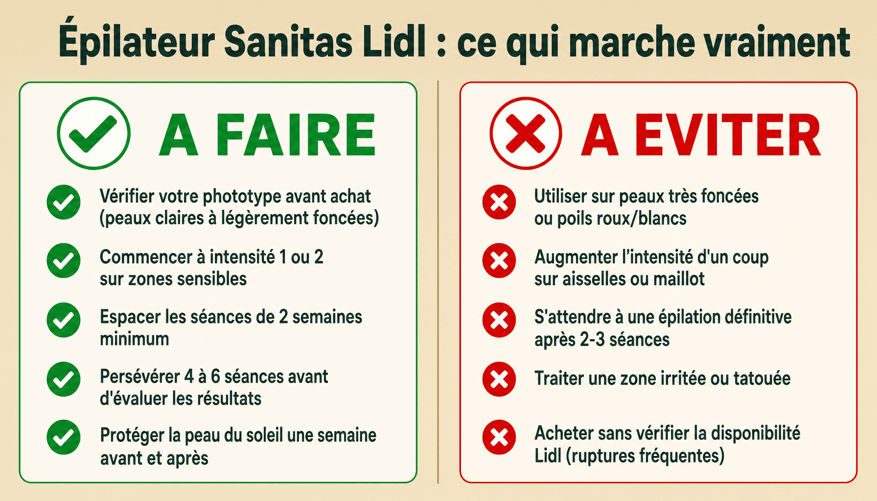Guide pratique épilateur lumière pulsée Sanitas Lidl avis : à faire et à éviter pour des résultats