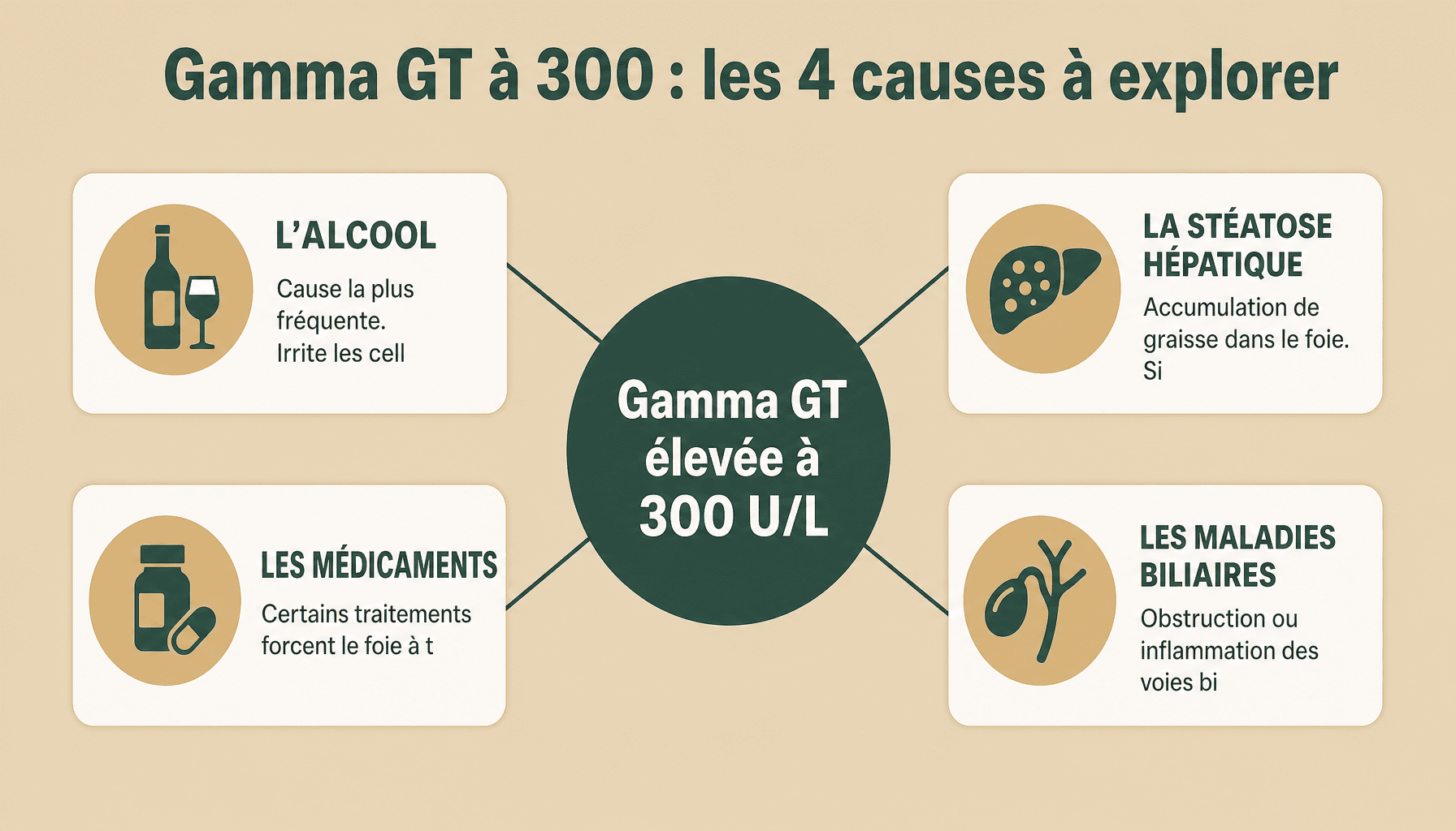 Infographie : 4 causes principales d'une gamma GT à 300 U/L - alcool, médicaments, stéatose, maladies biliaires