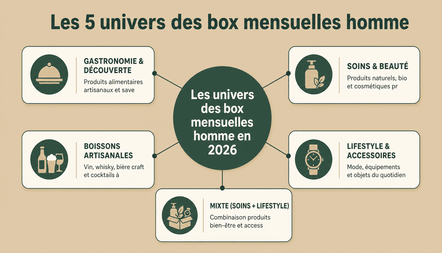 Infographie box-mensuelle-homme.fr : 5 catégories principales (gastronomie, soins, boissons, loisirs, lifestyle) avec prix et caractéristiques