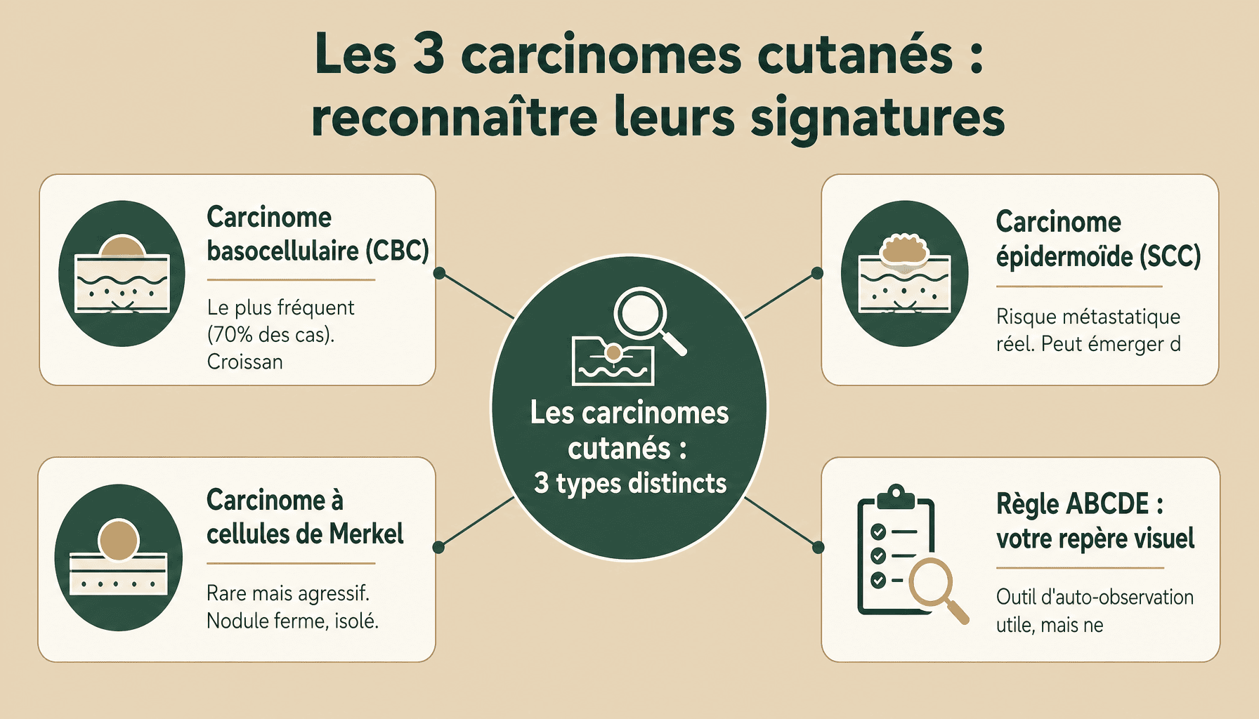 Infographie carcinome photo : comparaison visuelle des 3 types de carcinomes cutanés avec signes d'alerte