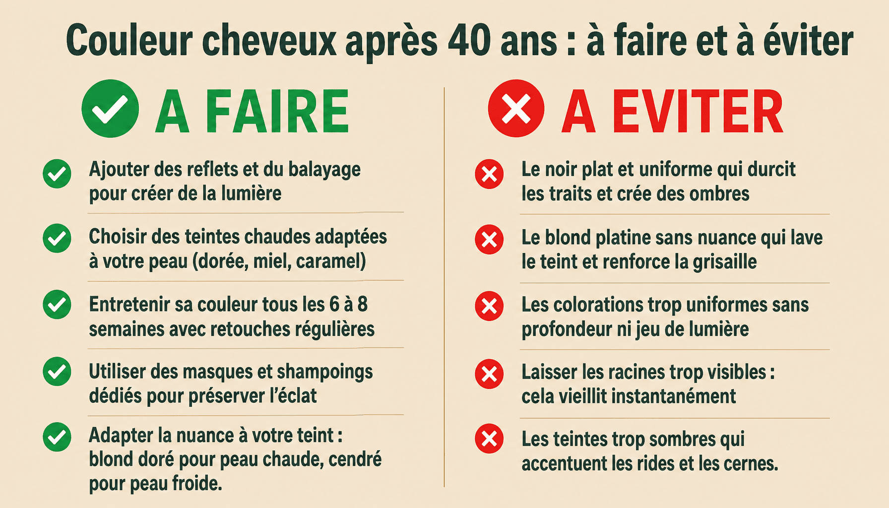 Infographie couleur cheveux qui vieillit : erreurs à éviter et bonnes pratiques après 40 ans