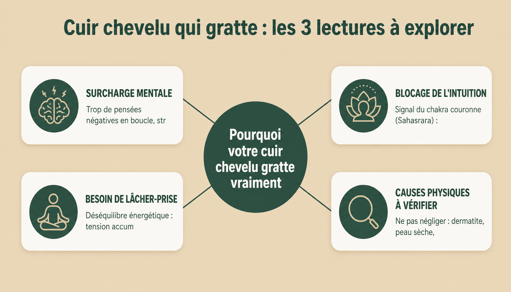 Infographie cuir chevelu qui gratte signification spirituelle : surcharge mentale, blocage intuition, besoin lâcher-prise