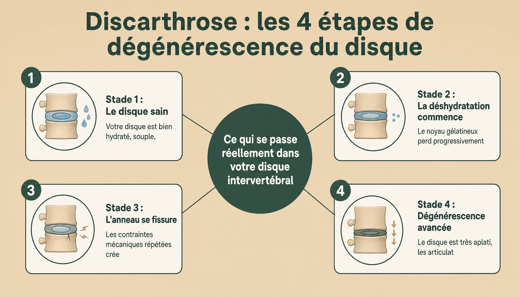 Infographie explicative des 4 stades de dégénérescence discale dans la discarthrose lombaire et cervicale