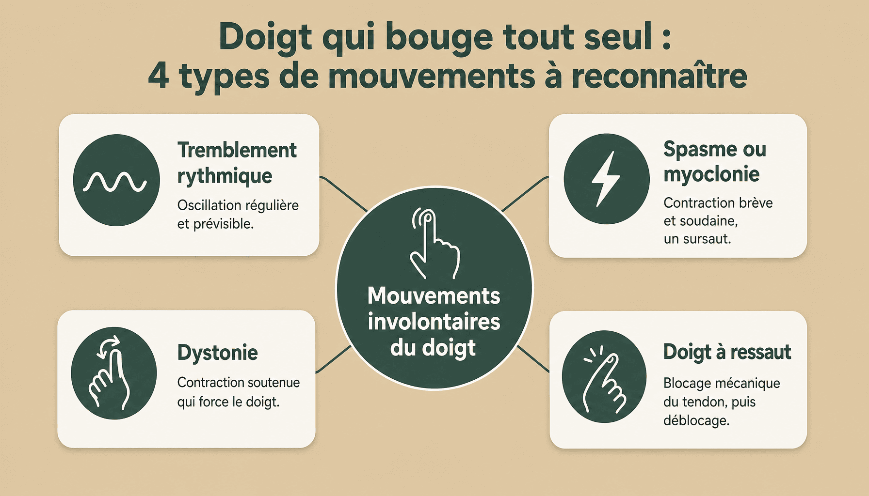 Infographie expliquant les 4 types de mouvements involontaires du doigt qui bouge tout seul : tremblement, spasme, dystonie, doigt à ressaut