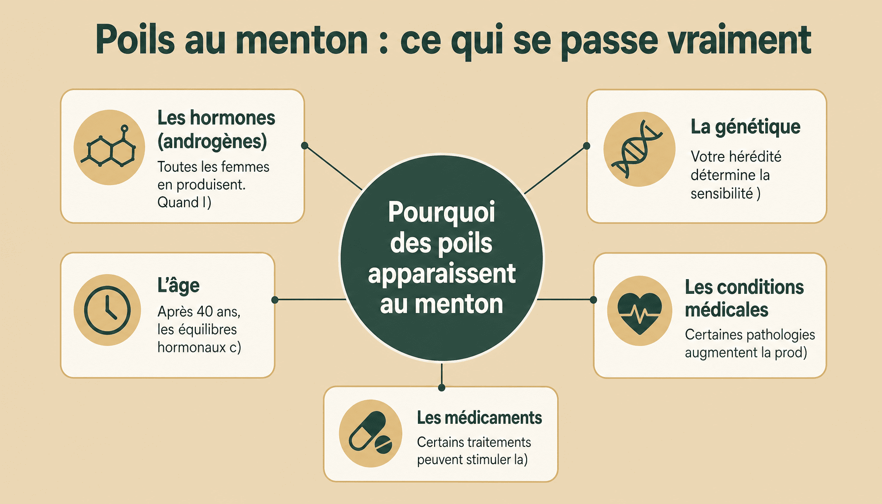 Infographie expliquant les causes des poils au menton chez la femme : hormones, génétique, âge et conditions médicales