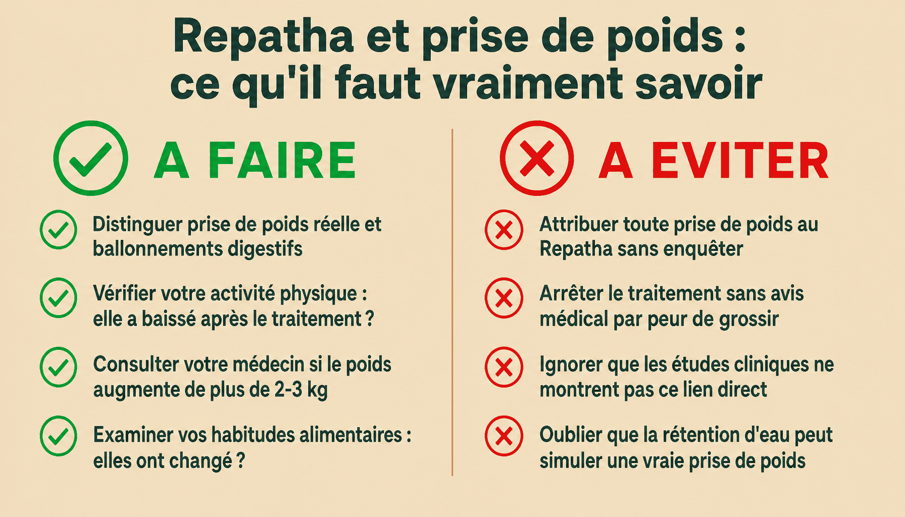 Infographie Repatha et prise de poids : bonnes pratiques et idées reçues à éviter