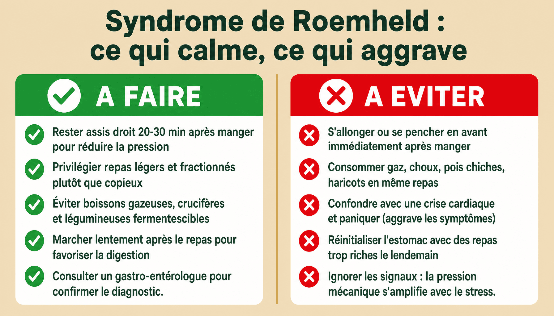 Infographie syndrome de Roemheld : aliments et postures à faire vs à éviter pour éviter les fausses alertes cardiaques