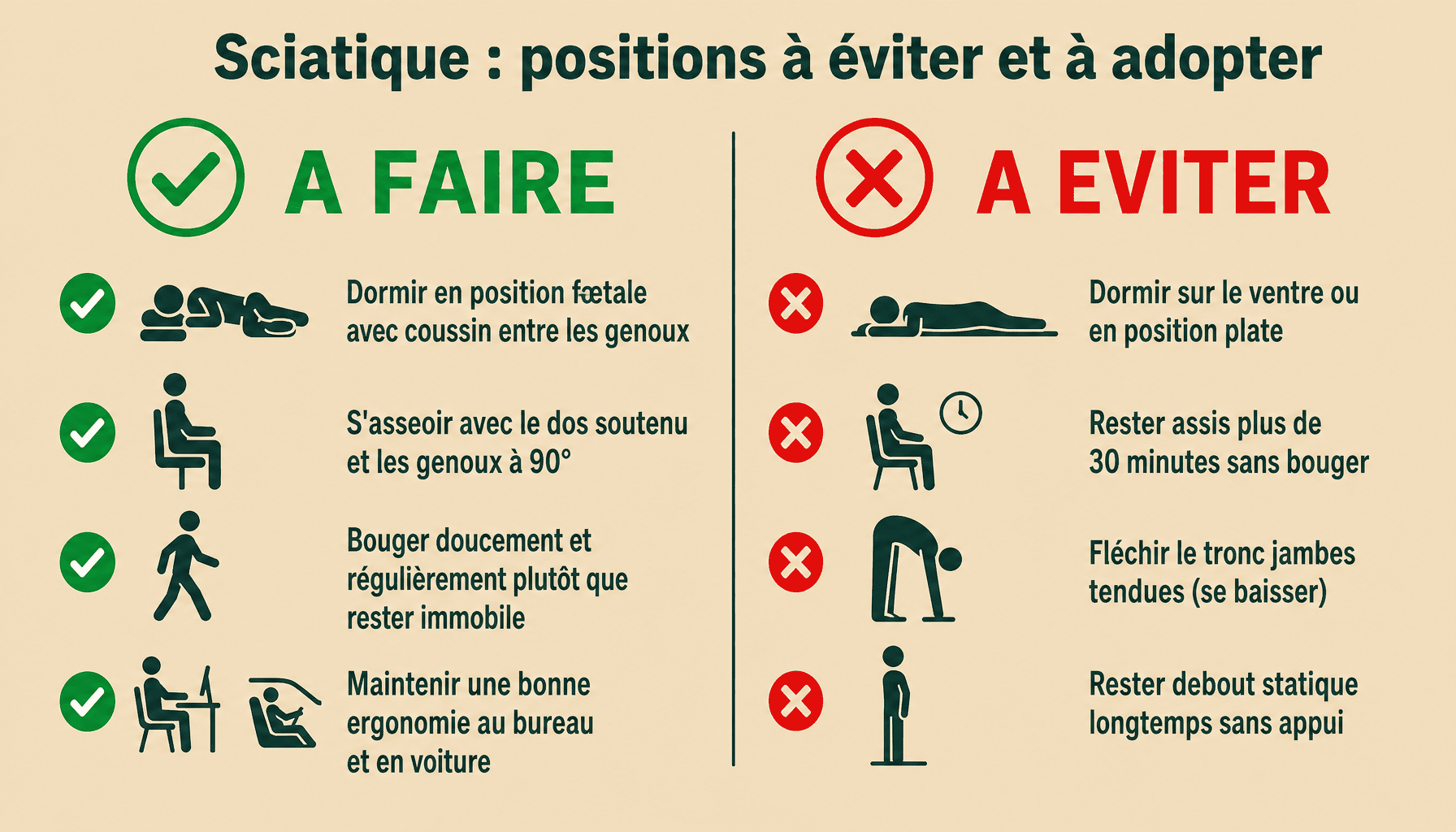 Infographie sciatique position à éviter : guide des postures saines et positions à proscrire