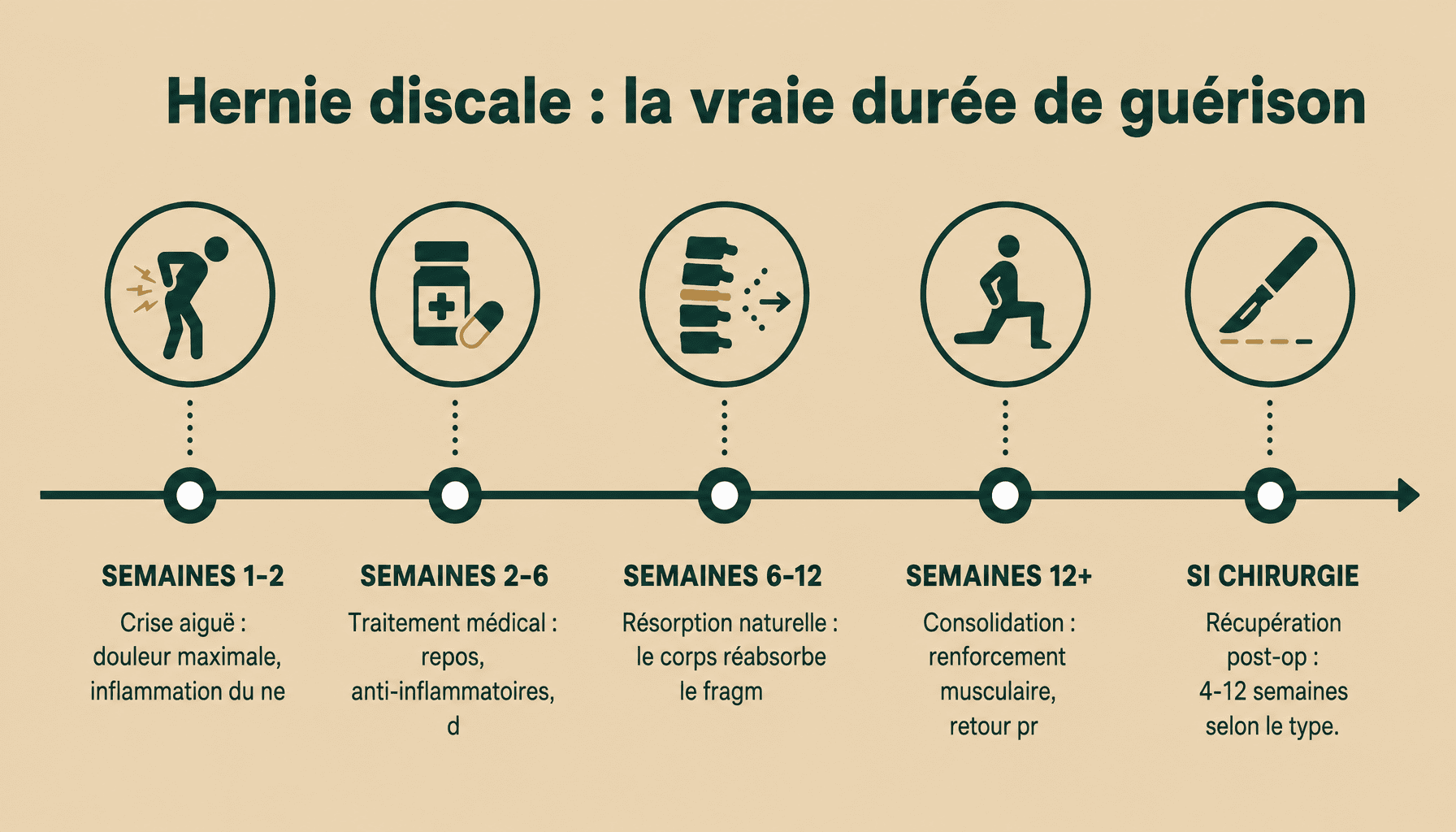 Timeline combien de temps dure une hernie discale : 4-12 semaines sans chirurgie, 4-12 semaines après opération