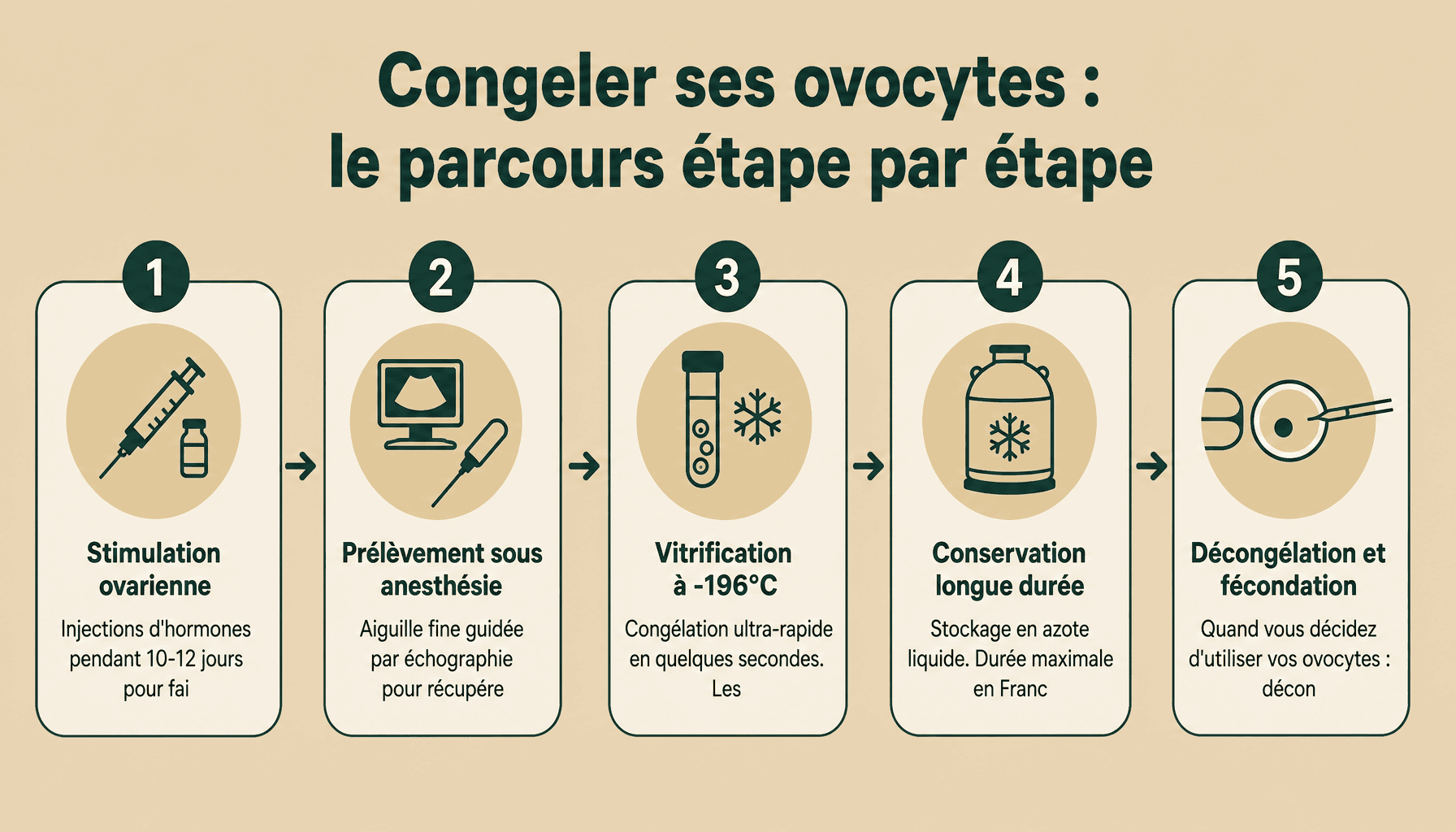 Les 5 étapes du processus de congélation d'ovocytes : stimulation, prélèvement, vitrification, conservation et bilan annuel