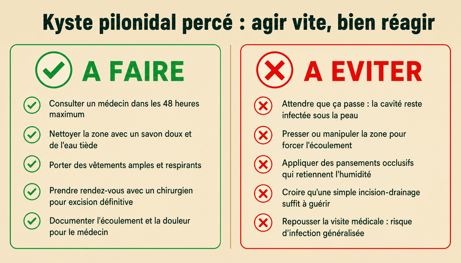 Infographie kyste pilonidal percé : gestes à faire et à éviter pour bien réagir