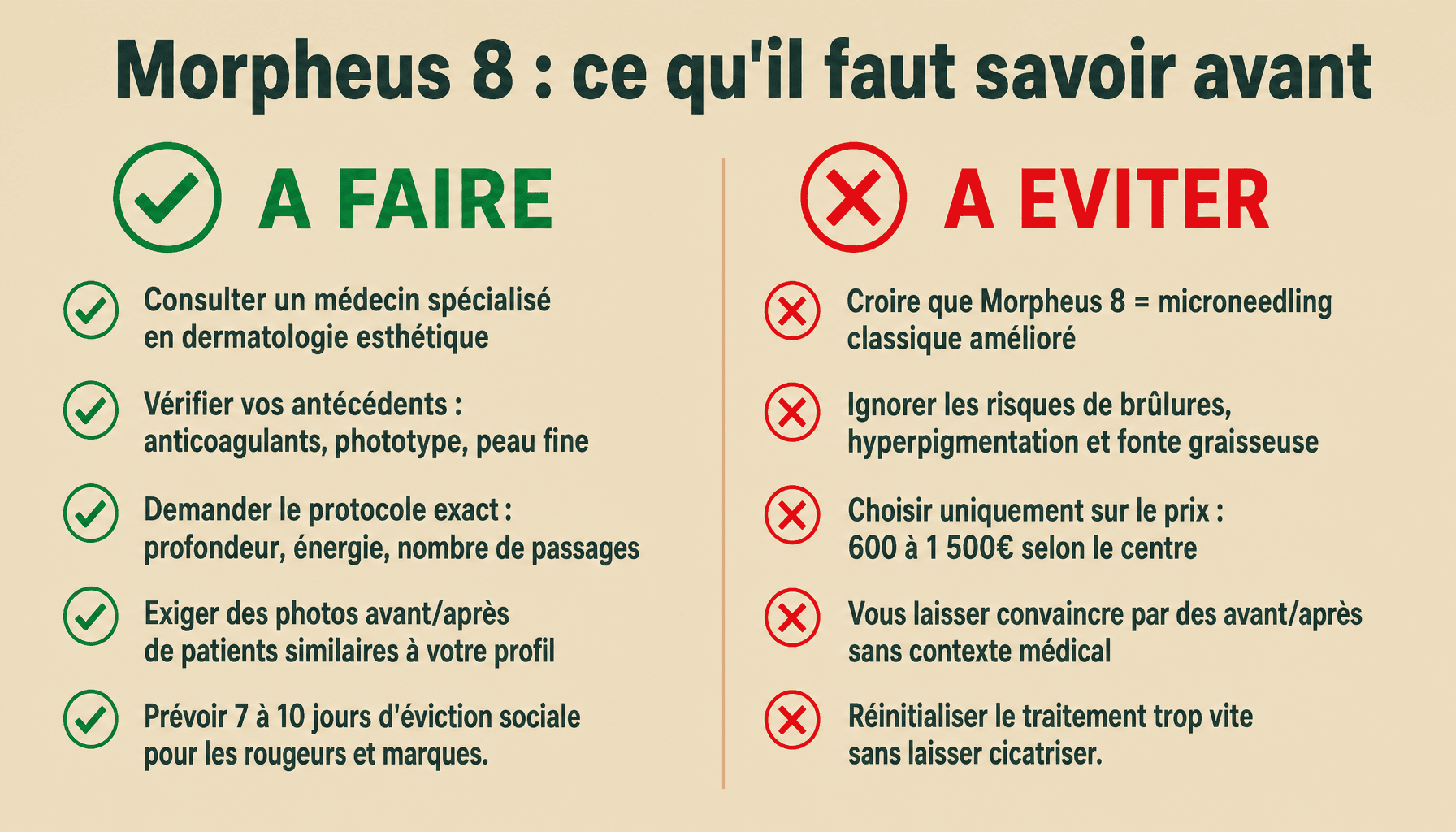 Infographie morpheus 8 avis négatif : bonnes pratiques et risques à éviter avant traitement