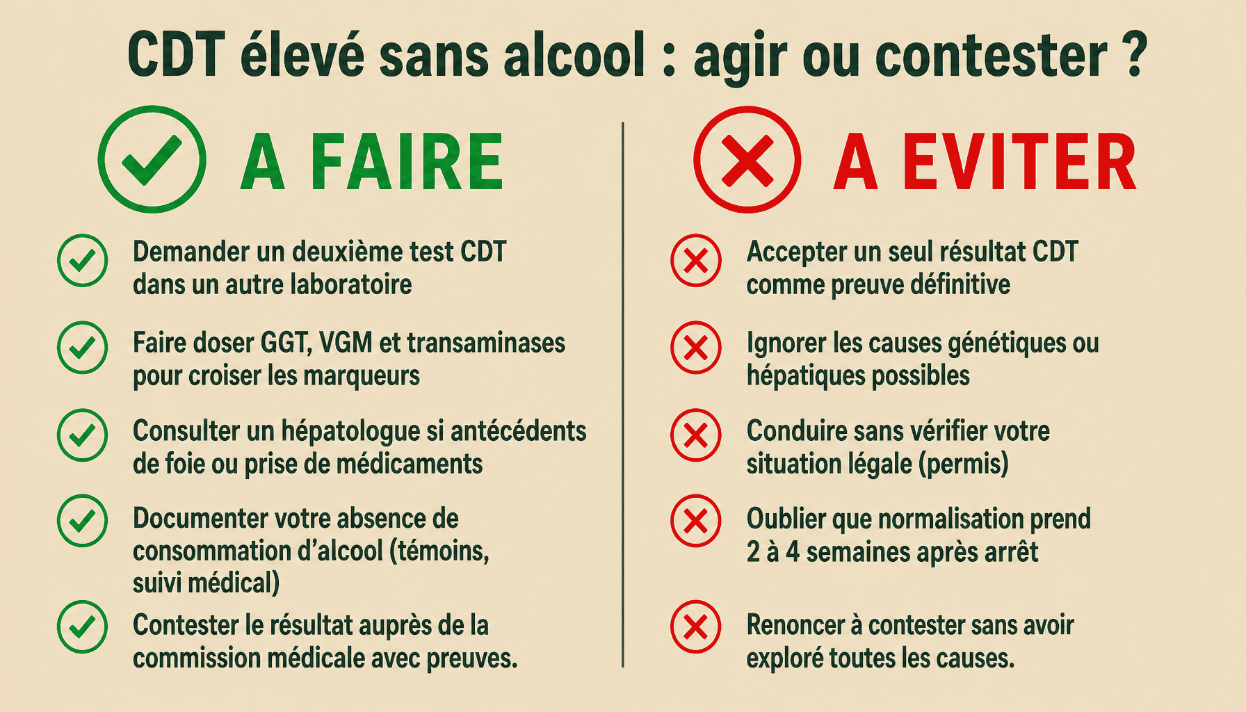 Infographie CDT élevé sans alcool : quoi faire et éviter face à un faux positif