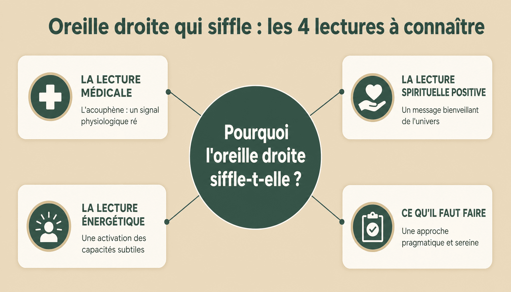 Infographie explicative : oreille droite qui siffle signification spirituelle, causes médicales et interprétations ésotériques