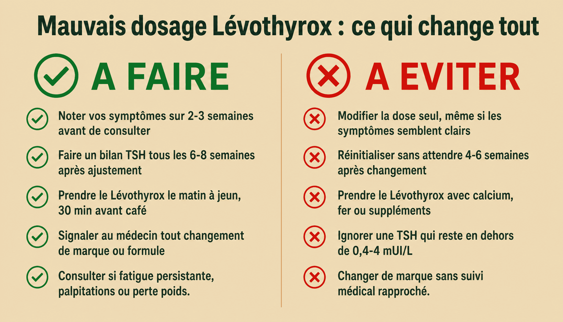 Infographie mauvais dosage levothyrox symptômes : à faire et à éviter pour ajuster son traitement