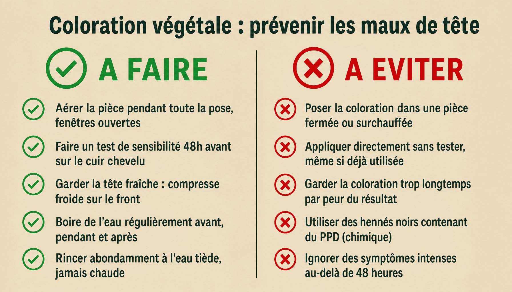 Infographie maux de tête après coloration végétale : conseils à faire et à éviter