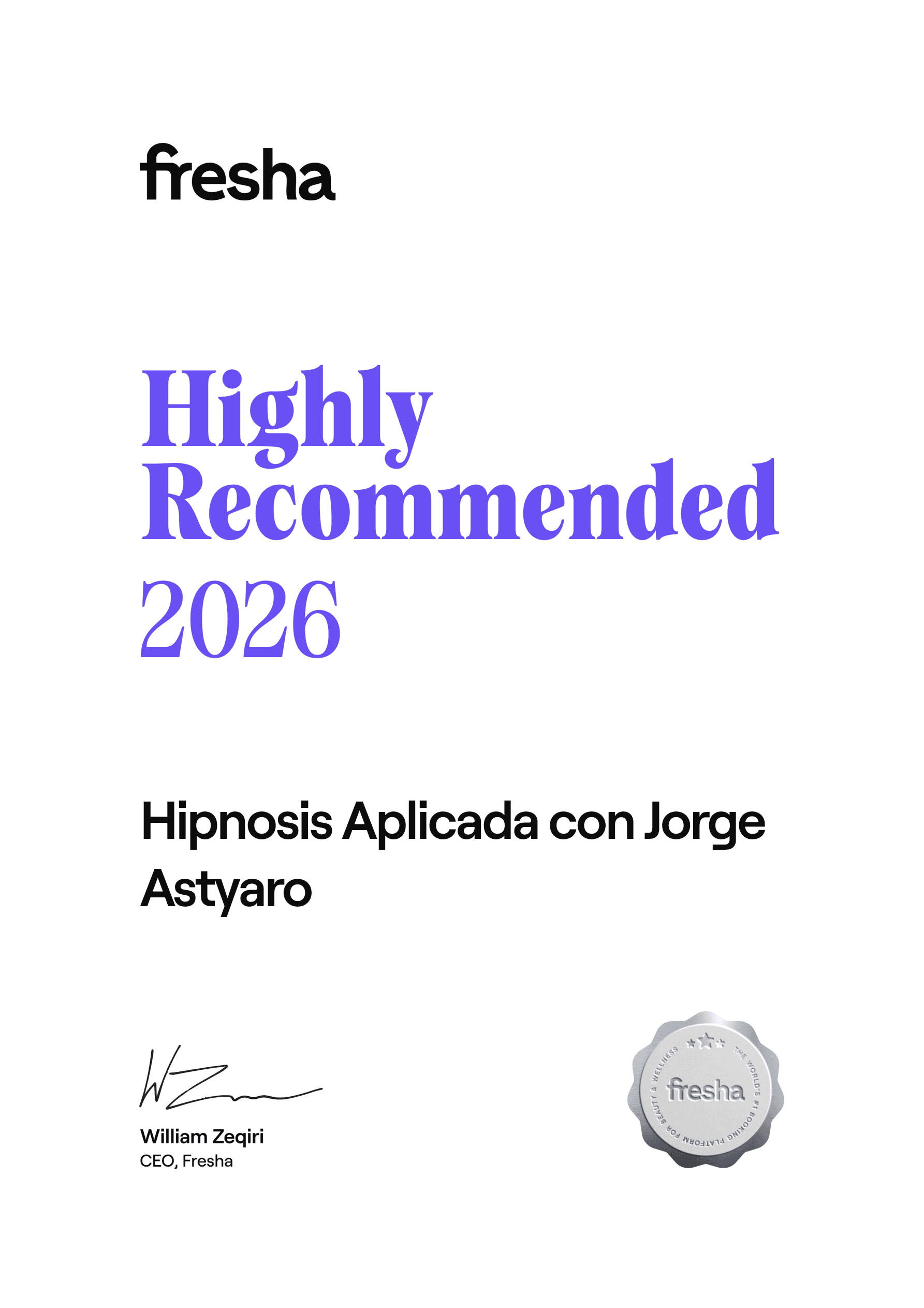 Fresha Highly Recommended 2026 &middot; Hipnosis Aplicada con Jorge Astyaro