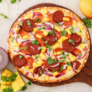 Baked home run inn pizza topped with recipe ingredients