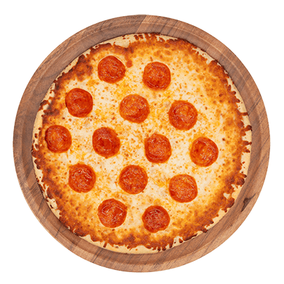 pepperoni pizza on a wooden platter