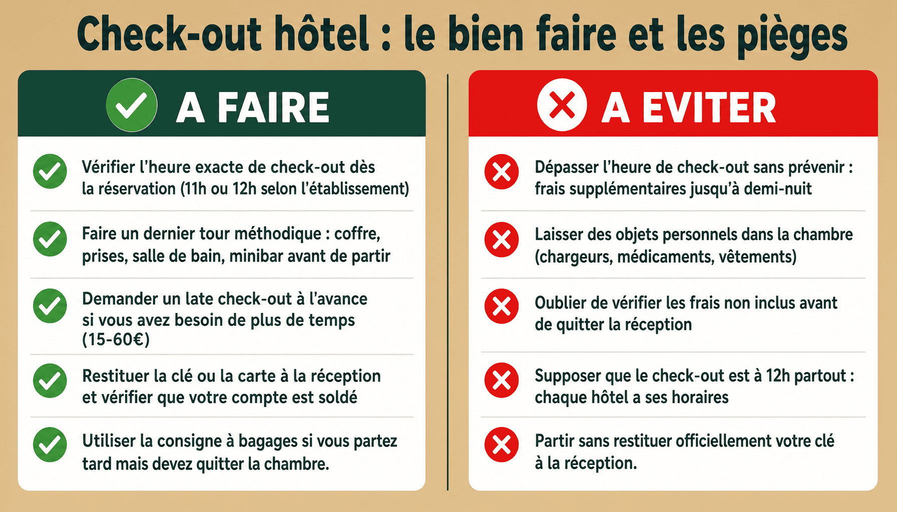 Infographie check out hôtel : à faire et à éviter pour un départ sans frais supplémentaires