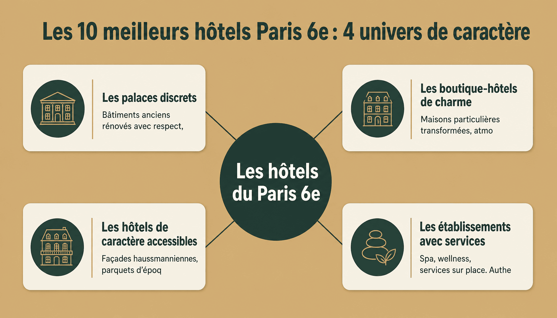 Infographie des 4 catégories d'hôtels dans les 10 meilleurs hôtels Paris 6e : palaces, boutiques, charme, accessibles