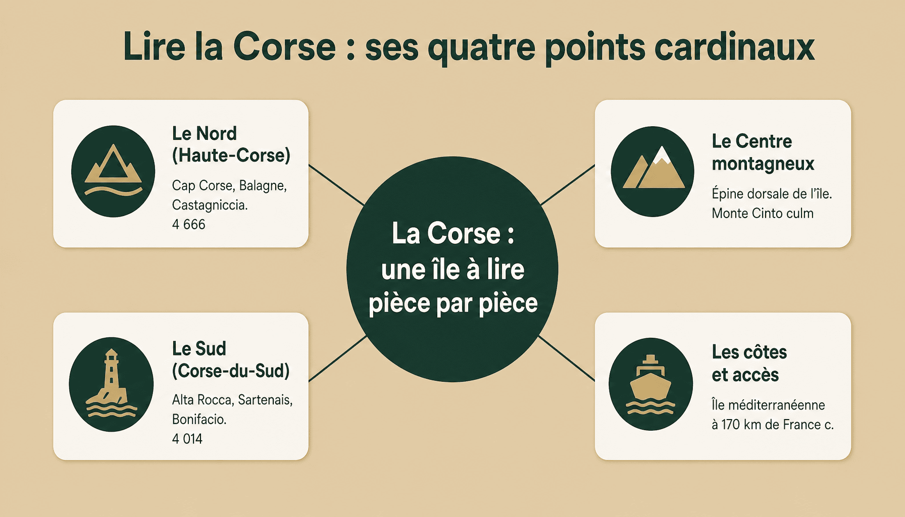 Infographie corse carte : décomposition géographique de l'île en quatre zones principales avec relief et distances
