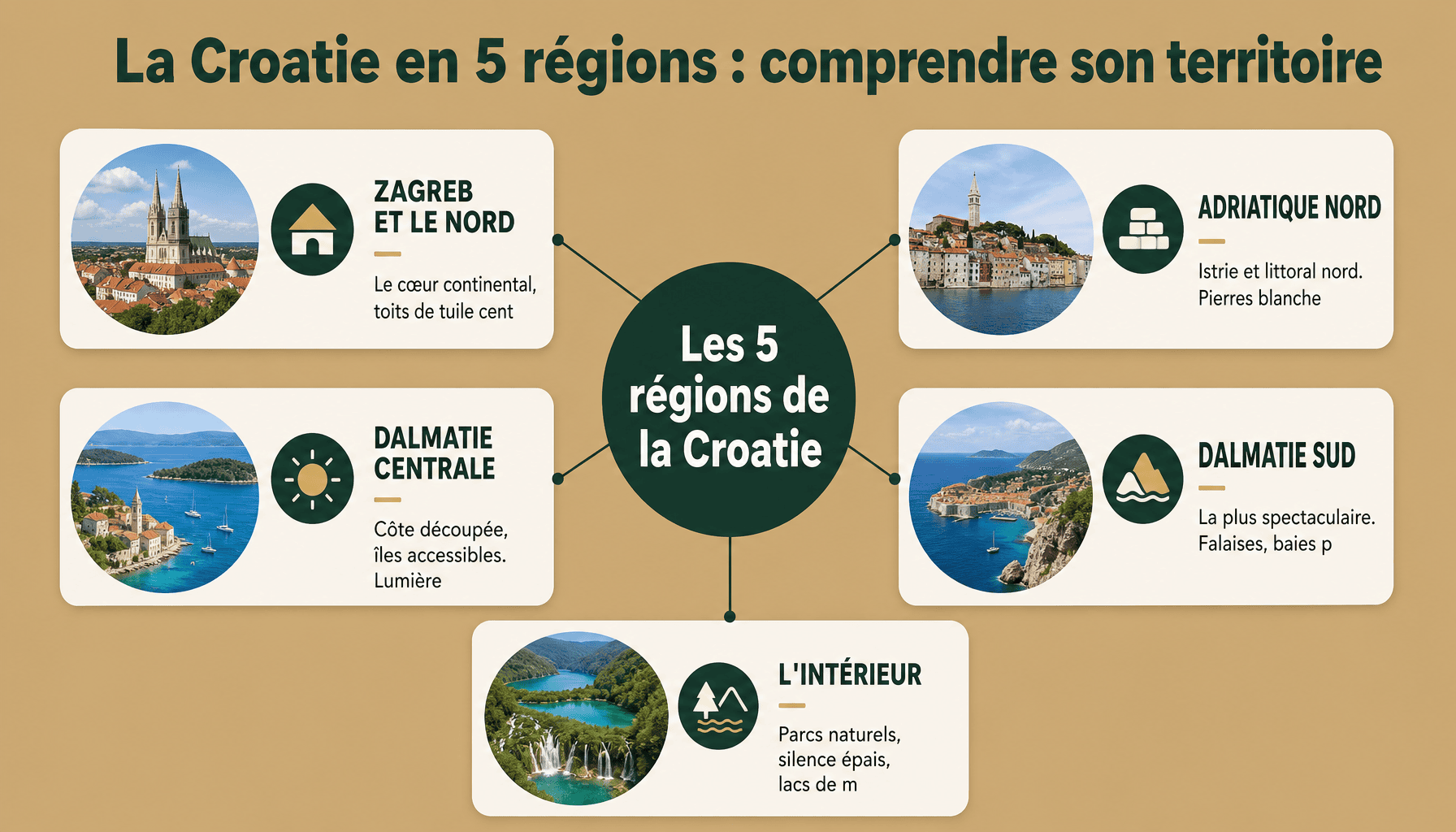 Carte de la Croatie décomposée en 5 régions géographiques : Zagreb continentale, Adriatique nord, Dalmatie centrale, Dalmatie sud et intérieur.