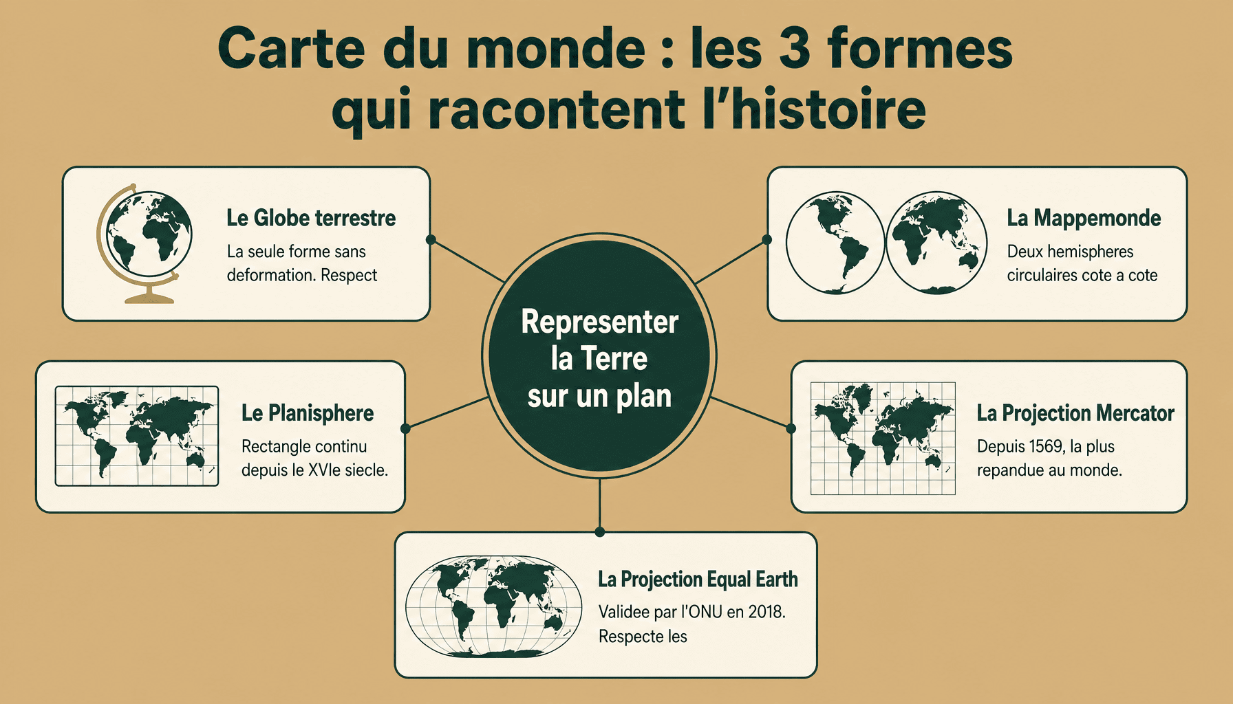 Infographie decomposant les 3 types de carte monde : globe, mappemonde, planisphere avec leurs avantages et limites