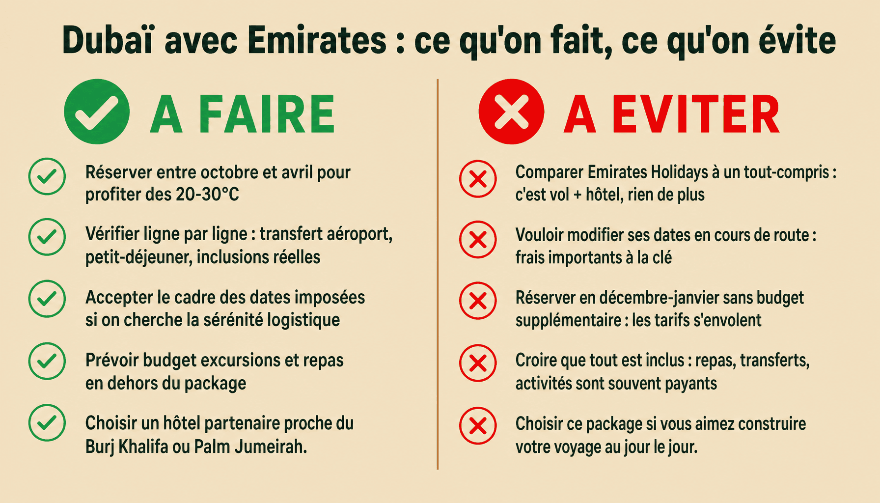 Infographie voyage Dubai Emirates Holidays : conseils pratiques à faire et à éviter pour un séjour réussi
